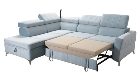 Narożnik z funkcją spania Rava III grafitowy lewostronny velvet komfortowy narożnik z regulowanymi zagłówkami i pojemnikiem na pościel