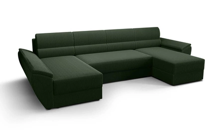 Narożnik z funkcją spania Fogu U III zielony stylowy narożnik z podłokietnikami i pojemnikiem na pościel sztruksowa tkanina