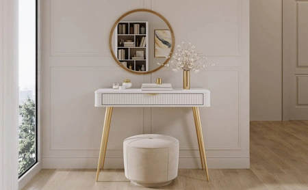 Konsola Lante biała z szufladą stylowa oraz funkcjonalna toaletka zaoblony kształt bryły ryflowany front uchwyty krawędziowe