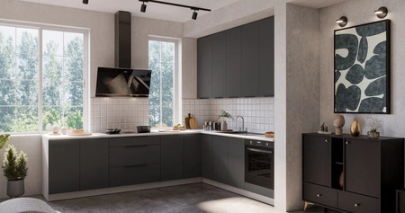 Zestaw mebli kuchennych narożny Aversa Wh 290x230 cm stylowe szafki kuchenne z frontami wykonanymi w technologii anti fingerprint