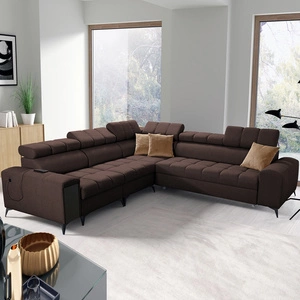 Narożnik z funkcją spania Bolmso III brązowy lewostronny narożnik z pojemnikami na pościel szuflada z pełnym wysuwem w boczku mebla