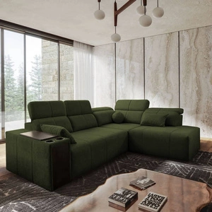 Narożnik z funkcją spania Tesalia VII zielony prawostronny nowoczesny design komfortowe przesuwane oparcie szuflada w boczku mebla