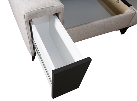 Narożnik z funkcją spania Bolmso III fioletowy lewostronny narożnik z pojemnikami na pościel szuflada z pełnym wysuwem w boczku mebla