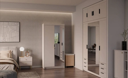 Szafa z lustrem Rene 90 cm beż piaskowy klasyczny design prosta forma idealna szafa do sypialni lub przedpokoju obrzeża wykończone ABS