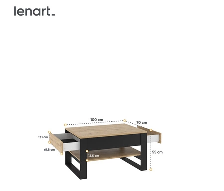 Stolik kawowy Quant dąb artisan / czarny nowoczesny i elegancki design stolik z szufladami i dodatkową półką kontrastowa kolorystyka