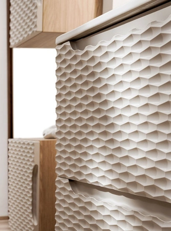 Szafka pod umywalkę Ocean 80 cm dąb olejowany / beżowy nowoczesny design szafki ciekawe poziome ryflowania w kształcie fal