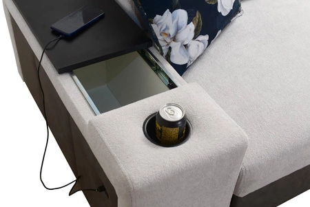 Narożnik z funkcją spania Flavio czarny prawostronny komfortowy elegancki narożnik z dostawką otwierany barek w boczku mebla