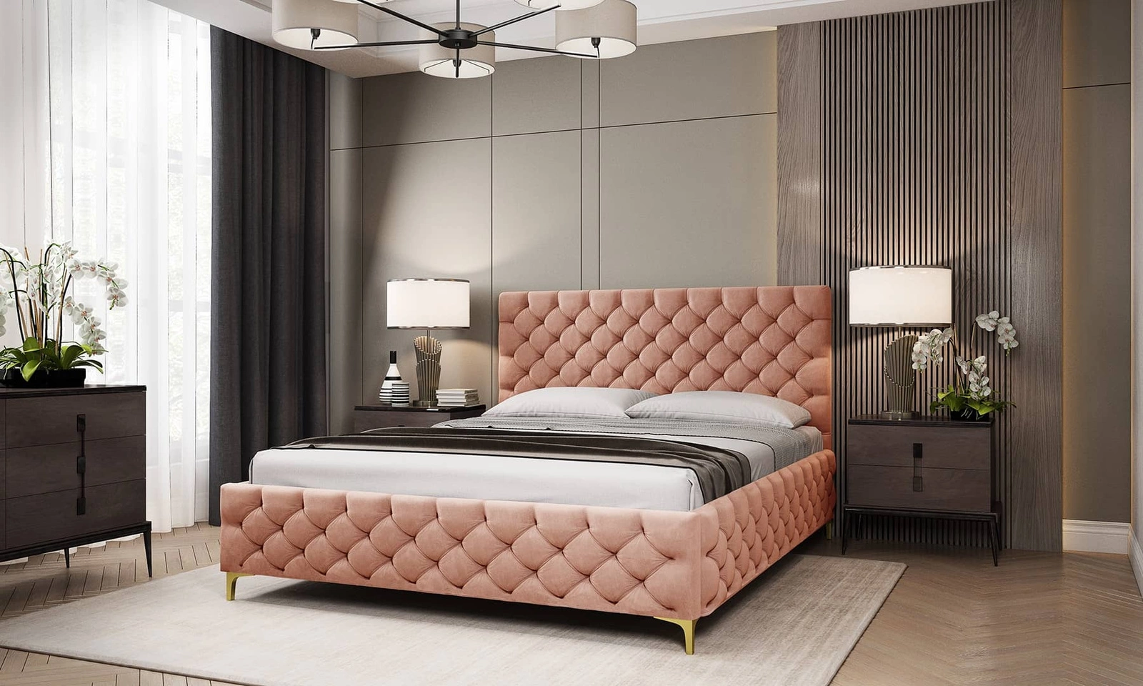 Łóżko z pojemnikiem Fiano 180x200 cm Amor Velvet 4328 łososiowe