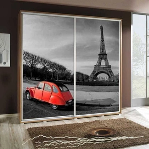 Szafa przesuwna Artistino 205 cm z grafiką Paryż korpus szafy w kolorze dąb catania wykonany z płyty o grubości 22mm