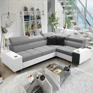 Narożnik z funkcją spania Dafni II szaro biały prawostronny pleciony narożnik z pojemnikiem na pościel szuflada z pełnym wysuwem