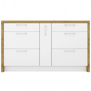 Wyspa kuchenna z szufladami Vita 147 cm dąb artisan / biały połysk nowoczesna wolnostojąca wyspa kuchenna z szafką z koszem cargo