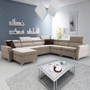 Narożnik z funkcją spania Rava VII jasny beż lewostronny praktyczny i nowoczesny narożnik do salonu z regulowanymi zagłówkami