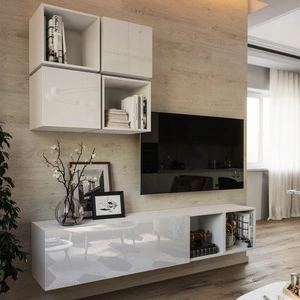 Meblościanka Perisa biała / biały połysk minimalistyczny design meblościanka do salonu lub pokoju dziennego system push to open