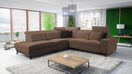 Narożnik z funkcją spania Kelly Sleek IX jasny brąz lewostronny stylowy narożnik z wygodnymi podłokietnikami i regulowanymi zagłówkami