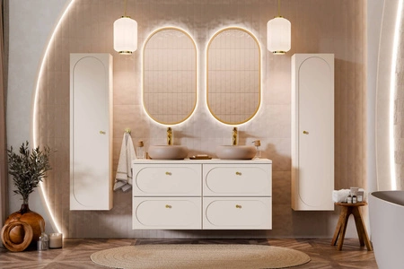 Zestaw mebli łazienkowych Donna Sand beżowy eleganckie szafki łazienkowe z dekoracyjnym obłym frezowaniem na frontach złote uchwyty