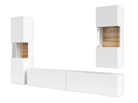 Meblościanka Ava biała / dąb wotan z możliwością powieszenia wyjątkowo stylowa meblościanka elementy z szkła hartowanego