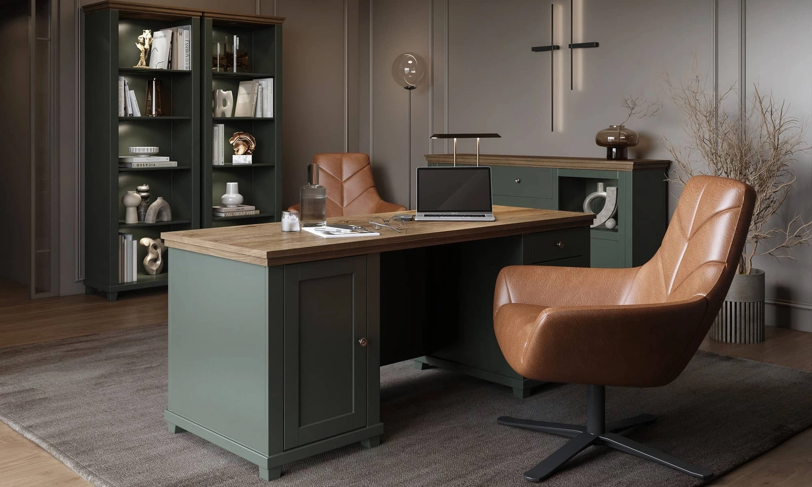 Biurko z szufladami 180 cm Evora w kolorze butelkowa zieleń / dąb lefkas