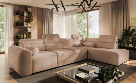 Narożnik z funkcją spania Cantare XI łososiowy prawostronny funkcjonalny i komfortowy narożnik o nowoczesnym designie pluszowa tkanina