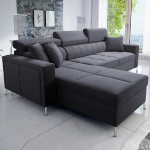 Narożnik z funkcją spania Nausa grafitowy lewostronny velvet stylowy komfortowy narożnik regulowane zagłówki pojemnik na pościel