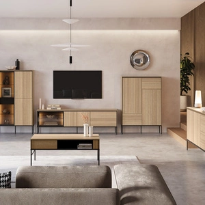Zestaw mebli Visso dąb linearny elegancka meblościanka do salonu w stylu minimalistycznym przeszklone fronty wybranych brył