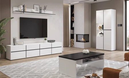 Witryna Cross 79 cm biała stylowa witryna do salonu o geometrycznym kształcie bezuchwytowe fronty nowoczesny design