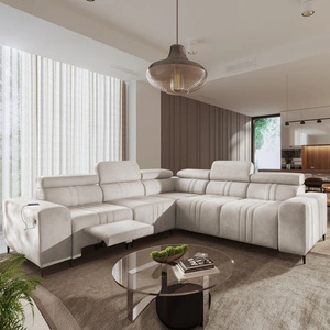 Narożnik z funkcją spania Castel III Lux beżowy lewostronny niezwykle komfortowy narożnik do salonu z wysuwanym podnóżkiem