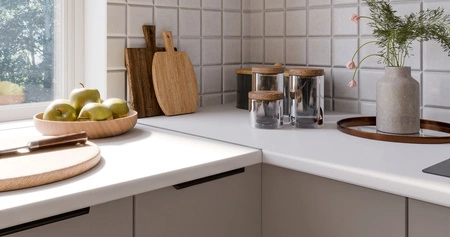 Zestaw mebli kuchennych narożny Fiuggi Wh 290x230 cm stylowe szafki kuchenne z frontami wykonanymi w technologii anti fingerprint