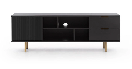 Zestaw mebli Sula czarny meblościanka do salonu wzbogacona o metalowe uchwyty ozdobne ryflowane fronty system push to open