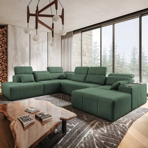 Narożnik z funkcją spania Tesalia X miętowy prawostronny nowoczesny i komfortowy narożnik z innowacyjną funkcją przesuwanego oparcia