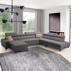 Narożnik z funkcją spania Bolmso X grafitowy lewostronny wygodny narożnik do salonu z regulowanymi zagłówkami dekoracyjne pikowania