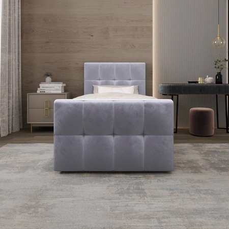 Łóżko kontynentalne Manhattan 90x200 błękitne w nowoczesnym skandynawskim stylu z tapicerowanym zagłówkiem i zanóżkiem łóżko z pojemnikiem