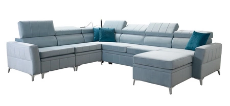 Narożnik z funkcją spania Rava VII brązowy prawostronny praktyczny i nowoczesny narożnik do salonu z regulowanymi zagłówkami