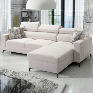 Narożnik z funkcją spania Savona kremowy prawostronny wygodny i elegancki narożnik z regulowanymi zagłówkami dekoracyjne przeszycia