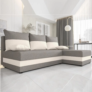 Narożnik z funkcją spania Bowers szary / kremowy prawostronny narożnik z pojemnikiem na pościel gwarancja najwyższego komfortu