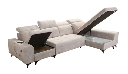 Narożnik z funkcją spania Buffalo XII żółty prawostronny stylowy i funkcjonalny narożnik rozkładany z pojemnikiem na pościel