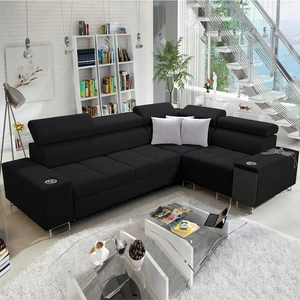 Narożnik z funkcją spania Dafni II czarny prawostronny pleciony narożnik z pojemnikiem na pościel szuflada z pełnym wysuwem w boczku