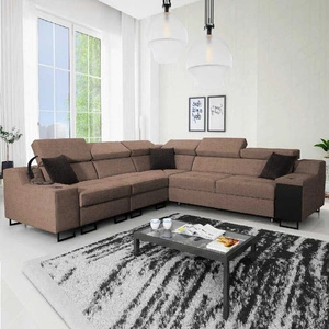 Narożnik z funkcją spania Alcamo III jasny brąz lewostronny funkcjonalny narożnik z szufladą w boczku dwa pojemniki na pościel