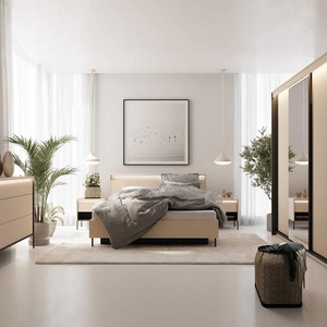 Zestaw mebli do sypialni Trend beżowy nowoczesny design komplet mebli o eleganckiej stylistyce z ryflowaniem oraz oświetleniem LED