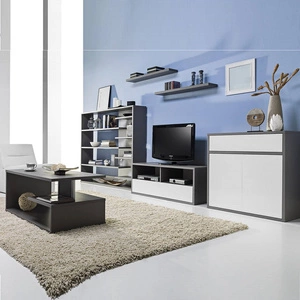 Zestaw mebli do salonu Yugo w kolorze szary popiel / biały połysk asymetryczne bryły tworzące nowoczesne i funkcjonalne aranżacje