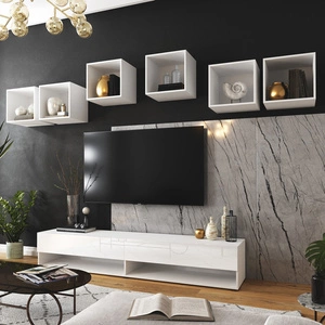 Meblościanka Lindos biała / biały połysk stylowy design meblościanki wpisujący się w każde wnętrze szafka RTV z możliwością powieszenia