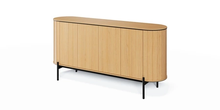 Zestaw mebli Rotto dąb vincenza elegancki design meblościanki zaokrąglone krawędzie brył osadzonych na czarnych metalowych nogach