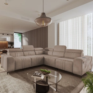 Narożnik z funkcją spania Castel III jasny brąz prawostronny narożnik z dwoma pojemnikami na pościel regulowane zagłówki