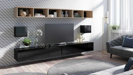 Meblościanka Apulia XXXIV czarny połysk / dąb artisan wyjątkowo stylowa meblościanka proste bryły wpisujące się w każde wnętrze