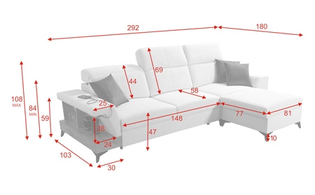 Narożnik z funkcją spania Bresso czarny / biały prawostronny narożnik z praktyczną półką w kolorze czarnym regulowane zagłówki