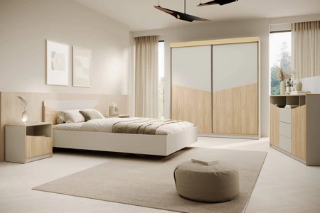 Łóżko Atson 160x200 cm szarobeżowy / dąb olejowany świetna propozycja łóżka do sypialni w stylu industrialnym ciekawy design zagłówka