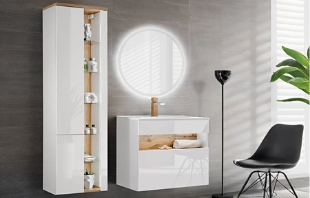 Szafka pod umywalkę Bahama 60 cm biały połysk / dąb wotan wysokiej jakości szafka z szufladą i półką wzbogacona oświetleniem LED