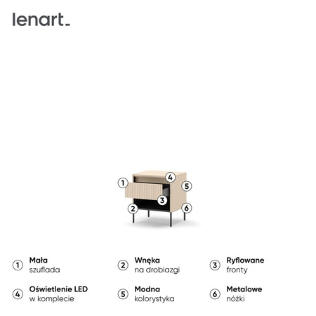 Szafka nocna Trend beżowa elegancka szafka do sypialni pojemna szuflada dyskretne oświetlenie LED elegancki ryflowany front