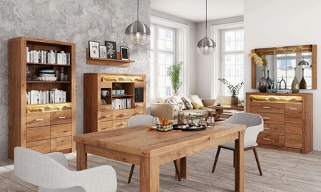 Komoda narożna Indiana 131x90 cm jesion jasny elegancka stylistyka komody ozdobna deska na froncie komody oświetlona LED