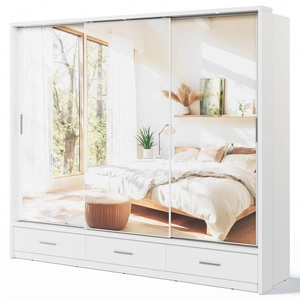 Szafa przesuwna z lustrem Arti 250 cm biała funkcjonalna szafa do przedpokoju z szufladami duże lustra podkreśla oświetlenie LED