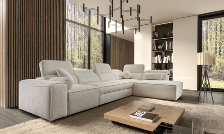 Narożnik z funkcją spania Viano XI kremowy prawostronny modny i stylowy narożnik z regulowanymi zagłówkami ozdobne poduszki